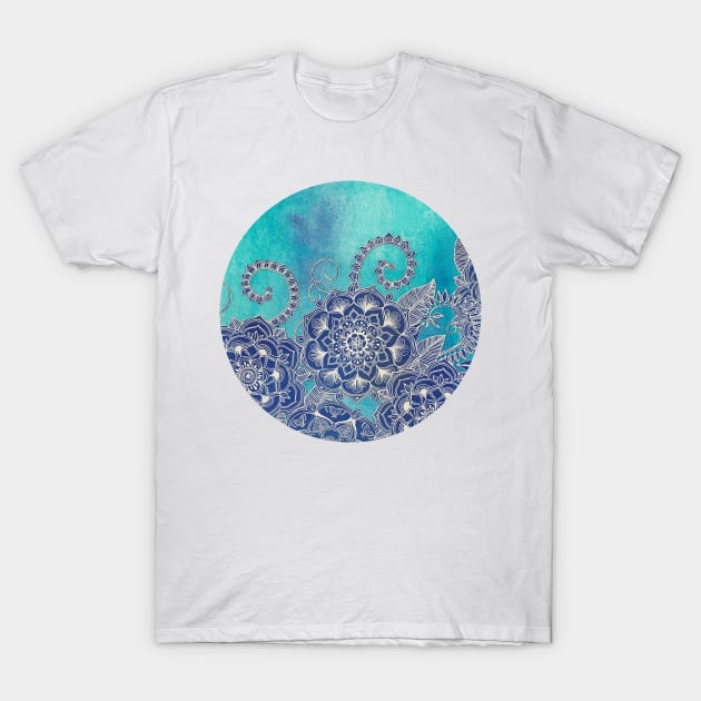 Mermaid's Garden - Navy & Teal Floral on Watercolor T-Shirt by micklyn